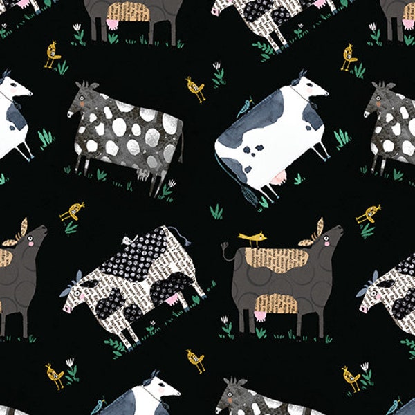 5 Cute Farm Designs with Sheep, Chickens, Pigs, Cows on White + Red, Dots & Cows on Black, Half Yards Cotton Fabric On the Farm by Benartex