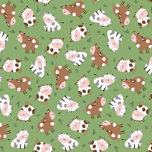 Süße bunte Kühe auf grünem Hintergrund, Halbe Yard, Fat Quarters, Baumwollstoff 102cm breit, Farm-tastic Friends von Studio E Fabrics
