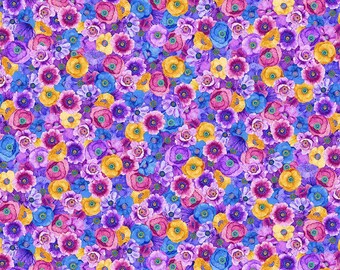 Papaverpatroon met paars/blauw/roze/geel, verkrijgbaar in meters, halve meters en fat quarters. Digitale katoenen stof van On The Bright Side van Timeless Treasures.