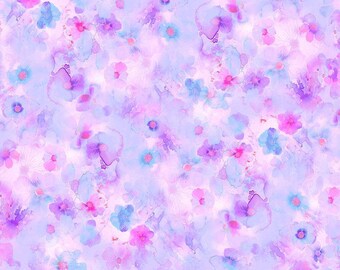 Digitale katoenen stof met aquarelbloemen in roze/blauwe/paarse tinten, verkrijgbaar in meters, halve meters en fat quarters, getiteld "On The Bright Side" van Timeless Treasures.