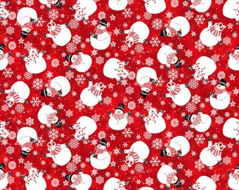 Niedliche Weihnacht-Schneemänner auf rotem Hintergrund mit Schneeflocken, Schüttware, Half Yard, Fat Quarters, Baumwollstoff Snow Crew von Henry Glass
