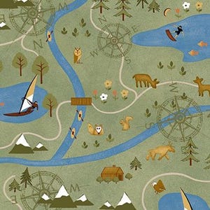 Mapa de senderos de montaña con brújula, árboles, montañas y agua cortado a medida, tela de algodón de media yarda "Las montañas te llaman" de Janet Rae Nesbitt