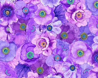 Bloemenpatroon met klaprozen en paarse bloemen, verkrijgbaar in meters, halve meters en fat quarters. Digitale katoenen stof van On The Bright Side van Timeless Treasures.
