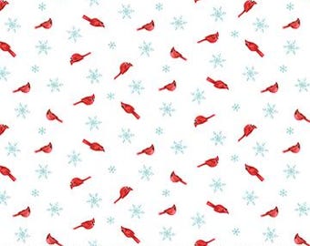Kerstkardinalen met lichtblauwe sneeuwvlokken op een witte achtergrond, op maat gesneden, halve meter, fat quarters, katoenen stof Holly Jolly van Northcott