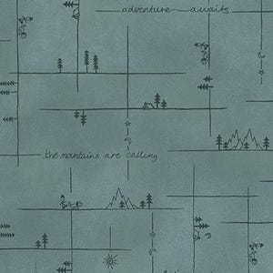 May include: A teal blue background with black line drawings of trees, mountains, stars, and moons. The text "adventure awaits" and "the mountains are calling" is written in black.