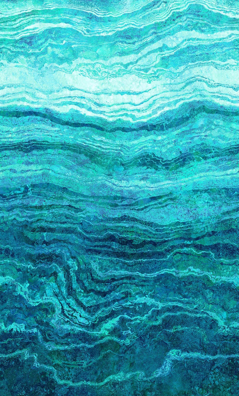 K&ouml;nnte beinhalten: Abstrakte digitale Kunst mit einem geschichteten, strukturierten Aussehen. Die Farbpalette wechselt von hellem T&uuml;rkis oben zu tiefem Teal und Marineblau unten, wodurch ein Gef&uuml;hl von Tiefe und Bewegung entsteht. Das Design &auml;hnelt flie&szlig;endem Wasser oder geschichtetem Stein.