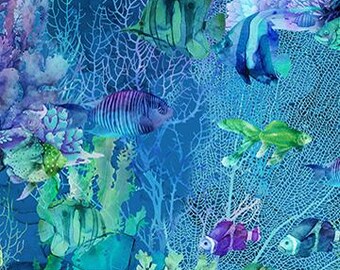 Fish and Coral in Blue/Aqua/Purple/Green Colors Digital Cotton Fabric, By the Yard, Half Yard & Fat Quarters, 42"W. Coral Reef by Northcott