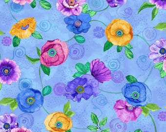 Blauwe bloemenprint met roze/blauwe/paarse/gele accenten, verkrijgbaar in meters, halve meters en fat quarters. Digitale katoenen stof 'On The Bright Side' van Timeless Treasures.