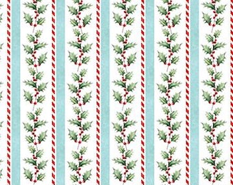 Kerststrepen met hulstmotief op een witte, lichtblauwe en rood/witte achtergrond, op maat gesneden, halve meter, fat quarters, katoenen stof Holly Jolly van Northcott