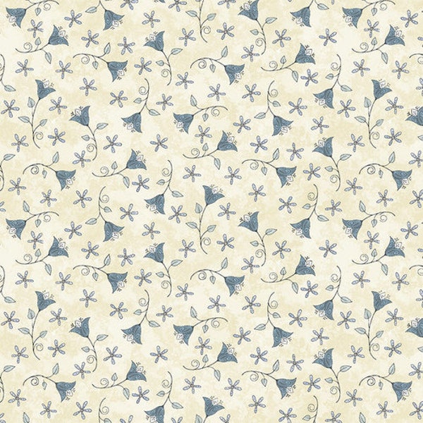 Tranquil Flowers 4 Designs, Tulips, Daisies, Sprigs in Cream, Blue, Taupe Half Yards, Cotton Fabric Blooms & Butterflies by Henry Glass