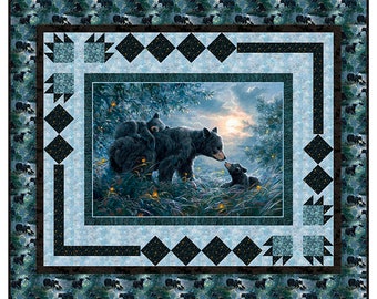 Mama Bear and Cubs Beautiful Forest Scenic Quilt Kit, 70"Wx59"L, 100% Premium Cotton Fabric, Moonlight Kisses from Northcott Fabrics