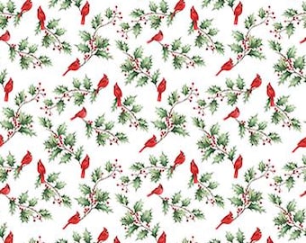 Kersthulstpatroon met schattige kardinalen, op maat gesneden, halve meter, fat quarters, katoenen stof Holly Jolly van Northcott
