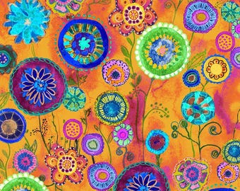 Bloemenprint op oranje met blauwe/groene/roze bloemen. Verkrijgbaar in meters, halve meters en fat quarters. Digitale katoenen stof 'On The Bright Side' van Timeless Treasures.