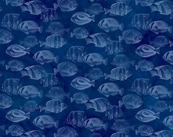 Fish Tonal Texture in Navy Blue Colors Digital Cotton Fabric, By the Yard, Half Yard & Fat Quarters, 42"W. Coral Reef by Northcott
