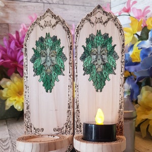 Green man Rustic look Wall mount Tea light candle holder / sconce. Gothic Pagan, Druid Fantasy Candle holder pair