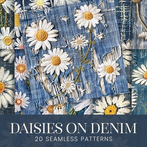 Naadloze bloemen madeliefje op denim, distressed denim stof plakboekpapier, grunge country western bloemen afdrukbare achtergronden