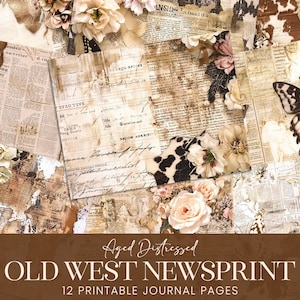 Western Zeitungsdruck Papier, Old West Antique Schmetterling Scrapbook Papiere, Rustikale Kuhfell Sepia Florals druckbare Hintergründe