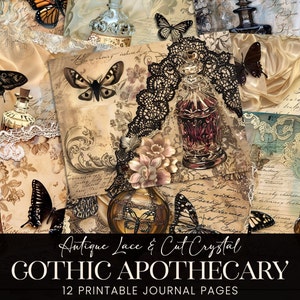 Glam Apothekergläser Journal Seiten, Glasflaschen Mixed Media Collage Scrapbook Papier, Luxus Gothic Grunge Motten druckbare Hintergründe