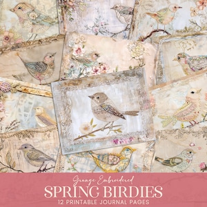 Schattige lentevogels ongewenste dagboekpagina's, grunge pastel geborduurd gemengd media scrapbook papier, leeftijd linnen afdrukbare achtergrond collage art kit