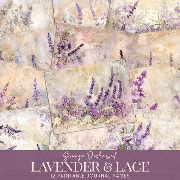 Lavender Lace Junk Journal Pages, Elegant Purple Floral Pearls Scrapbook Paper, Distressed Impressionist Watercolor Printable Backgrounds