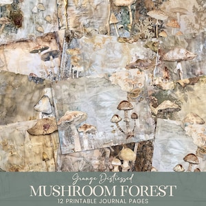 Grunge Mushrooms Junk Journal Pages, Forest Botanicals Mixed Media Collage Art Scrapbook Paper, Distressed Dyed Fabric Printable Backgrounds
