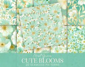 Mint Green Floral Seamless Patterns, Cute Watercolor Flowers Scrapbook Papers, Surface Pattern Botanicals, Printable Fabric Backgrounds