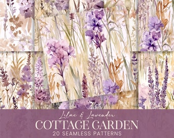 Lilac Lavender Floral Seamless Patterns, Soft Purple Watercolor Flowers Scrapbook Paper, Wedding Botanicals Printable Sublimation Background