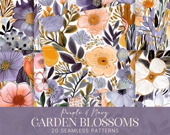 Purple Garden Blossoms Seamless Patterns, Cute Navy Peach Watercolor Floral Scrapbook Papers, Botanicals Printable Sublimation Backgrounds