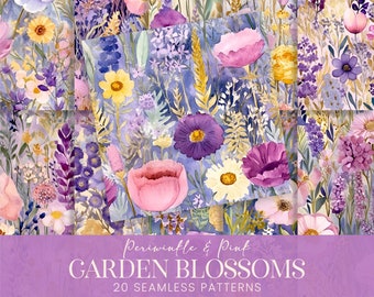 Garden Blossoms Seamless Patterns, Periwinkle Pink Watercolor Floral Scrapbook Papers, Spring Botanicals Printable Sublimation Backgrounds