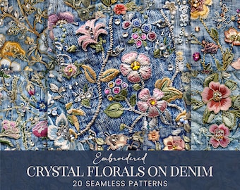 Patrones sin costuras con flores de cristal sobre tela vaquera, flores bordadas sobre papel de álbum de recortes de tela vaquera, arte gráfico de sublimación de telas rústicas.