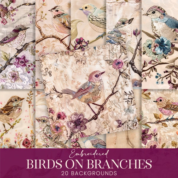 Birds on Branches Backgrounds, Cute Embroidered Satin Printable Scrapbook Papers, Antique Spring Fabric Sublimation Graphic Collage Art