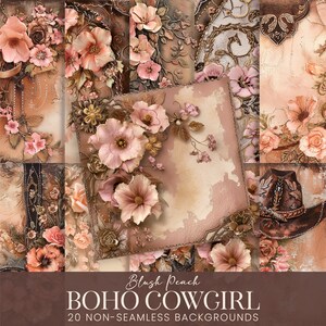 Patrones florales de vaquera boho, papeles de álbum de recortes de flores occidentales de Blush Country, fondos de diario de collage imprimibles de cuero de bota desgastado