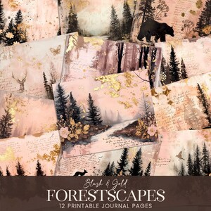 Pages de journal indésirables paysages forestiers, papier de scrapbooking grunge bois animaux pêche or rose, arbres à feuilles persistantes kit de collage de fond imprimable