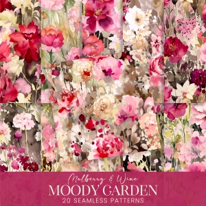 Franse tuin bloemen naadloze patronen, bessen rood roze moderne aquarel bloemen scrapbook papier, chique afdrukbare achtergronden collage kit