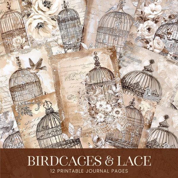 Birdcages Junk Journal Pages, Vintage Lace Distressed Crystal Digital Paper, Antique French Grunge Bridal Printable Scrapbook Background Kit