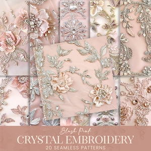 Kristall gestickte Satinbeschaffenheit, nahtlose Muster, Blush-Rosa-Blumen für Scrapbook-Papiere, pastellrosa Stoff, druckbare Collage-Hintergründe