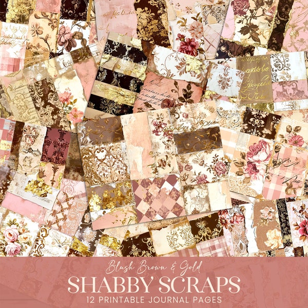 Shabby Chic Pattern Sampler Junk Journal Pages, Blush Brown Gold Digital Paper, Damask Floral Printable Scrapbook Background Collage Art Kit