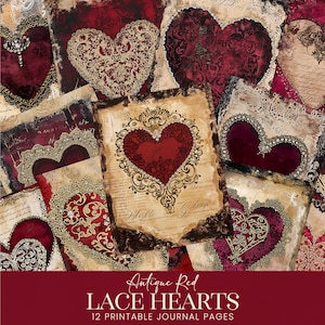 Rote Spitze Herzen Junk Journal Seiten, Vintage Valentinstag Digitale Papiere, Antique Grunge druckbare Scrapbook Hintergründe, Collage Art Kit