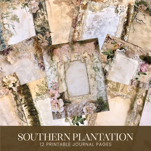 Strony dziennika Southern Plantation Junk, hiszpańskie ramki z koronką z mchu perłowego, papier do scrapbookingu, farbowany lniany materiał toile z kwiatowym wzorem, papier do pamiętnika do druku