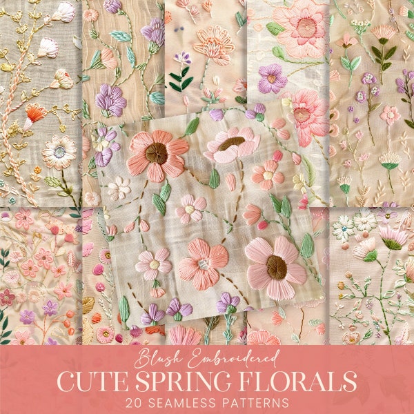 Cute Spring Florals Seamless Patterns, Blush Embroidered Fabric Printable Scrapbook Papers, Stitched Cotton Canvas Mixed Media Sublimation