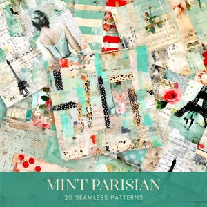 Collage menthe Paris motifs sans couture, papiers numériques pour journal indésirable Français effet vieilli, arrière-plans photo de planificateur de scrapbooking vert sarcelle pastel