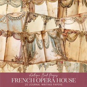 Antieke Theatergordijnen Junk Journal Boekpagina's, Vintage Franse Opera House Stage Afdrukbare schrijfpapieren, Aged Perkament Scrapbook Kit
