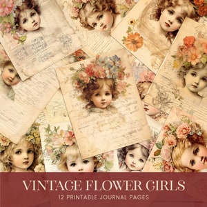 Vintage bloemenmeisjes ongewenste dagboekpagina's, antieke baby aquarel digitaal papier, Victoriaanse bloemen scrapbook achtergrond, collage kit afdrukbaar