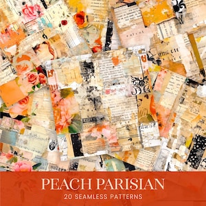 Motifs sans couture de collage pêche Paris, papiers numériques pour journal indésirable Français effet vieilli, arrière-plans photo de planificateur de scrapbooking orange blush JPG