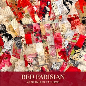 Collage rouge Paris, motifs sans couture, papiers numériques écarlates en détresse Français, papiers numériques pour album de scrapbooking, arrière-plans photo JPG de planificateur de scrapbooking rouge