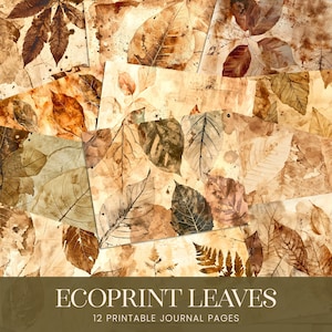 Eco Print deja páginas de diario basura, papeles digitales de hojas de acuarela teñidas de marrón, kit de collage de fondo de álbum de recortes imprimible grunge angustiado