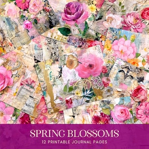 Pagine di diario spazzatura di collage multimediale misto primaverile, carte digitali con fiori luminosi, sfondo stampabile per album grunge con fiori ad acquerello felici