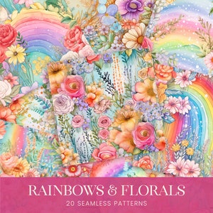 Arcobaleni + fiori Carte digitali, modelli senza soluzione di continuità felici e luminosi, sfondi per album di ritagli di positività floreale carini, POD di sublimazione