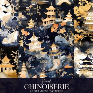 Donkere Chinoiserie digitale papieren, Aziatische kunstscènes naadloze patronen, Chinese tempels behang afdrukbare achtergronden, sublimatie POD