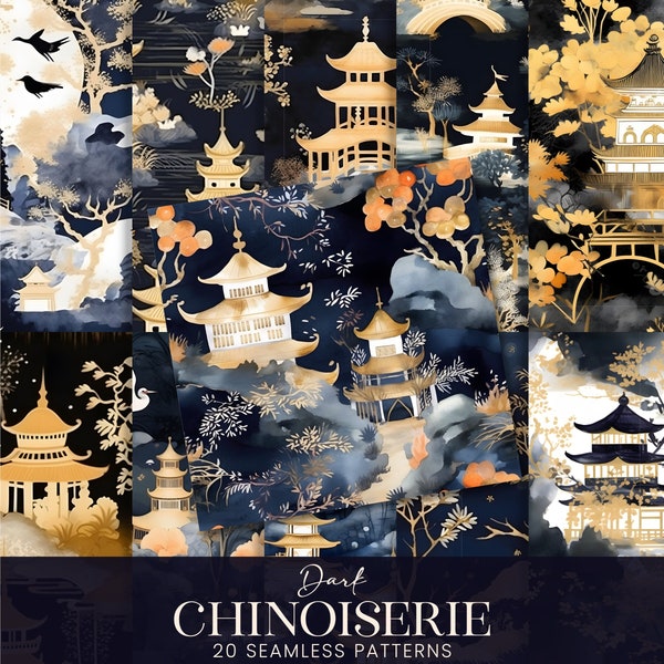 Dark Chinoiserie Digital Papers, Asian Art Scenes Seamless Patterns, Chinese Temples Wallpaper Printable Backgrounds, Sublimation POD